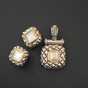 Vintage Premier Designs Alabaster Silver & Gold Tone Pendant & Clip Earrings